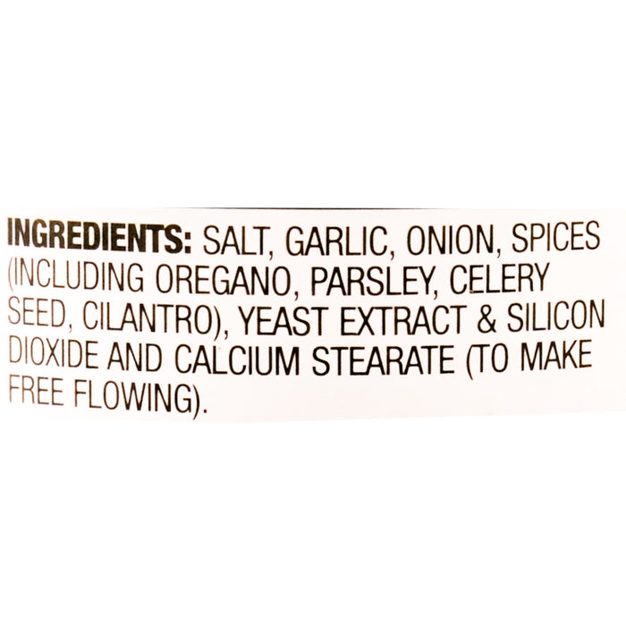 The ingredient list includes salt garlic onion spices (including oregano parsley celery seed cilantro) yeast extract silicon dioxide and calcium stearate.