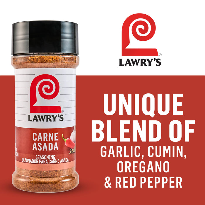 Lawry's Carne Asada seasoning blend features a unique blend of garlic, cumin, oregano, and red pepper.