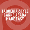 A graphic with the text Taqueria-Style Carne Asada Made Easy on a red background with a swirl pattern.