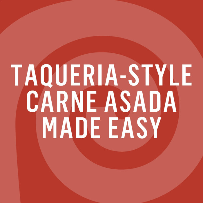 A graphic with the text Taqueria-Style Carne Asada Made Easy on a red background with a swirl pattern.