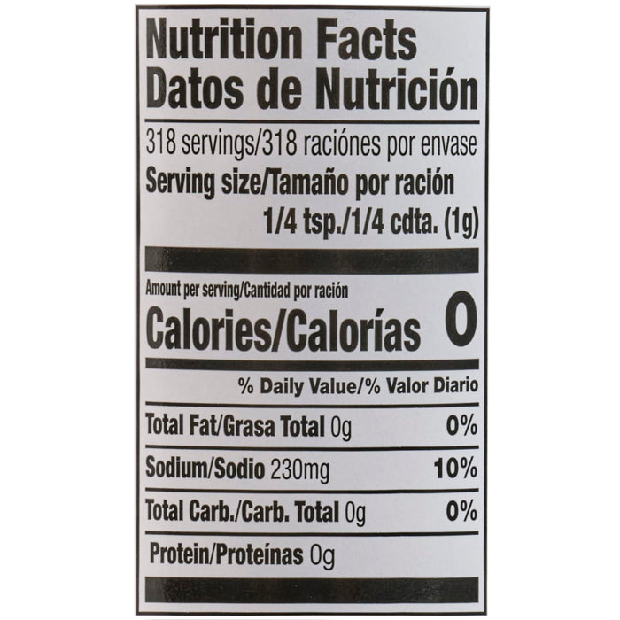Nutrition facts label showing that a 1/4 teaspoon serving contains 0 calories, 0g of total fat, 250mg of sodium (10% DV), 0g of total carbohydrates, and 0g of protein.