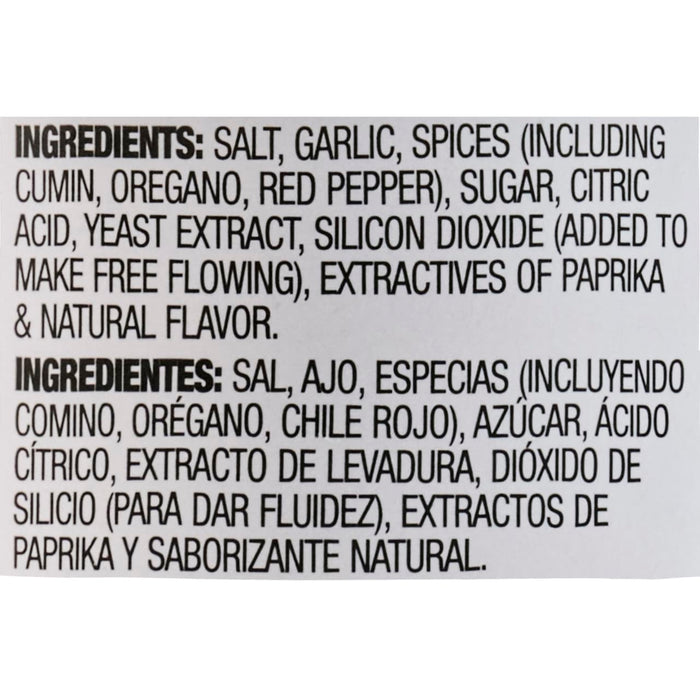 The image shows the ingredient list for a spice blend, including salt, garlic, cumin, oregano, red pepper, sugar, citric acid, yeast extract, silicon dioxide, paprika extractives, and natural flavor.