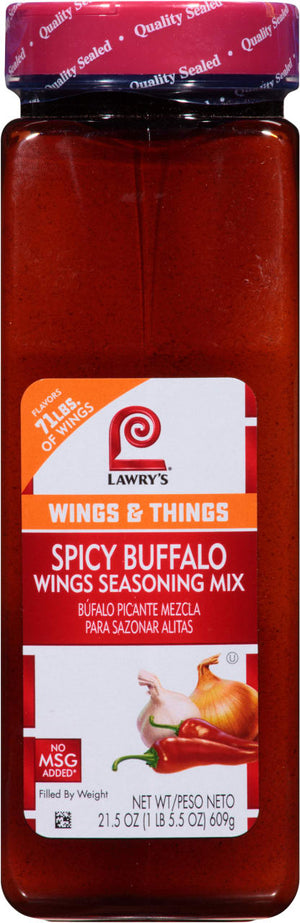 A Lawrys Spicy Buffalo Wings Seasoning Mix jar with a red label and a picture of a chili pepper onion and garlic.