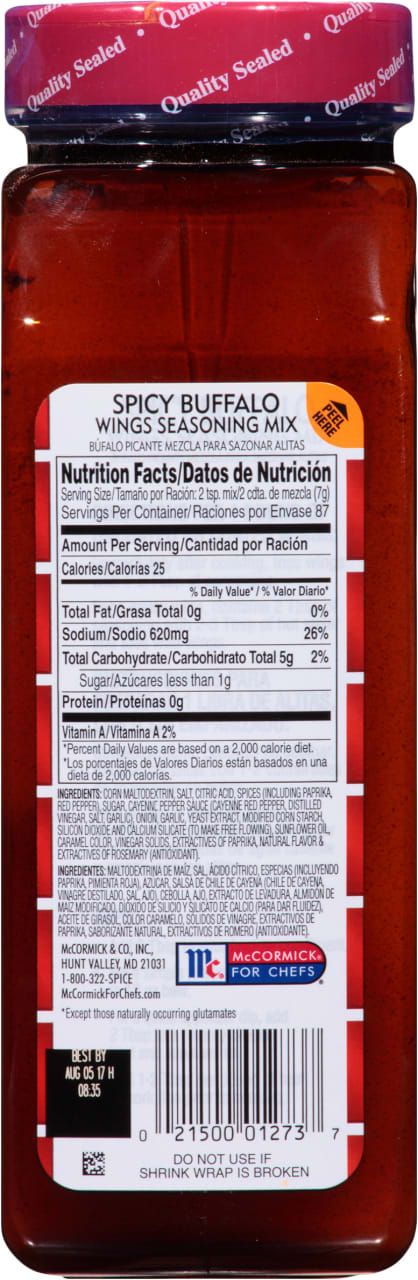 McCormick for Chefs Spicy Buffalo Wings Seasoning Mix nutrition facts label.