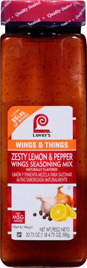 A Lawrys Zesty Lemon &amp; Pepper Wings Seasoning Mix jar with a lemon onion and peppercorns on the label.