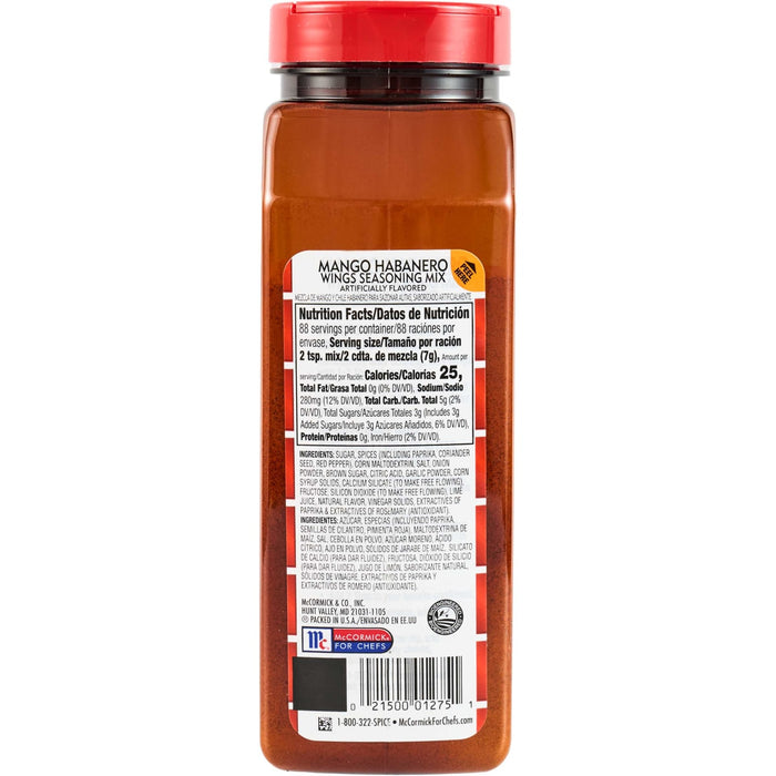 A bottle of McCormick for Chefs Mango Habanero Wings Seasoning Mix.