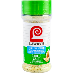 A container of Lawrys Garlic Salt with Parsley boasting 25% less sodium.