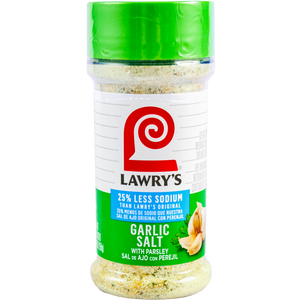 A container of Lawrys Garlic Salt with Parsley boasting 25% less sodium.