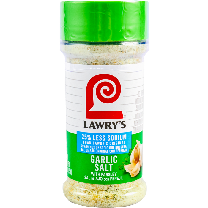 A container of Lawrys Garlic Salt with Parsley boasting 25% less sodium.