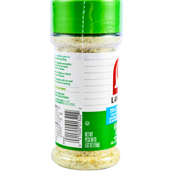 A container of Lawrys Garlic Salt with a green lid and label showing the net weight and UPC code.