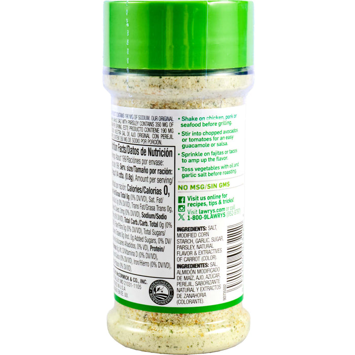A container of Lawrys Garlic Salt with Parsley showcasing its nutritional information and usage suggestions.