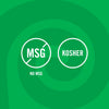 The image shows two circular icons, one indicating No MSG and the other indicating Kosher certification, set against a green swirling background.