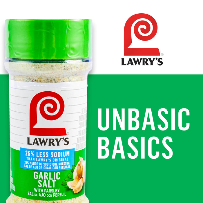 A container of Lawry's Garlic Salt with the words Unbasic Basics on a green background.