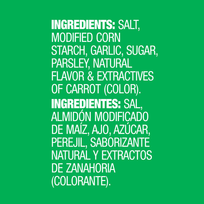 The image shows the ingredient list for a food product, including salt, modified corn starch, garlic, sugar, parsley, natural flavor, and carrot extract for color.
