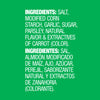 The image shows the ingredient list for a food product, including salt, modified corn starch, garlic, sugar, parsley, natural flavor, and carrot extract for color.