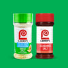 A side-by-side view of Lawry's Garlic Salt and Lawry's Seasoned Salt containers against a green background.