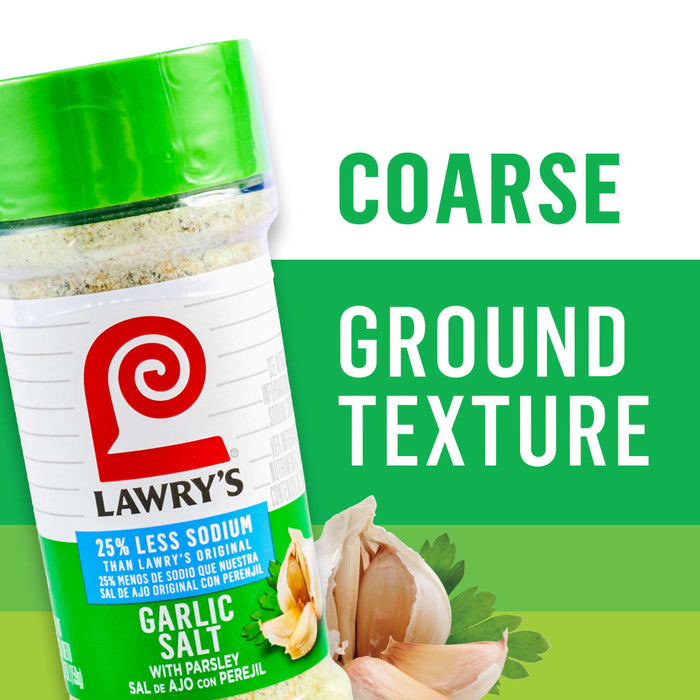 A container of Lawry's Garlic Salt with a coarse ground texture is displayed.