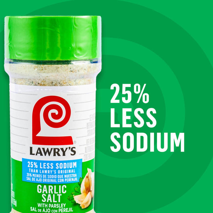 A container of Lawry's 25% Less Sodium Garlic Salt.