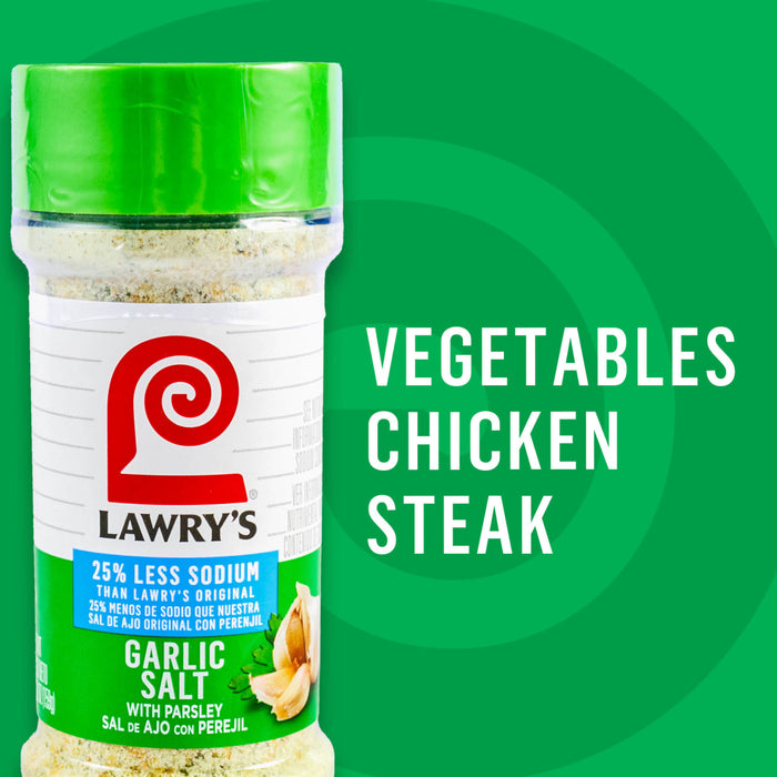 Lawry's Garlic Salt is shown, suggesting its use for vegetables, chicken, and steak.