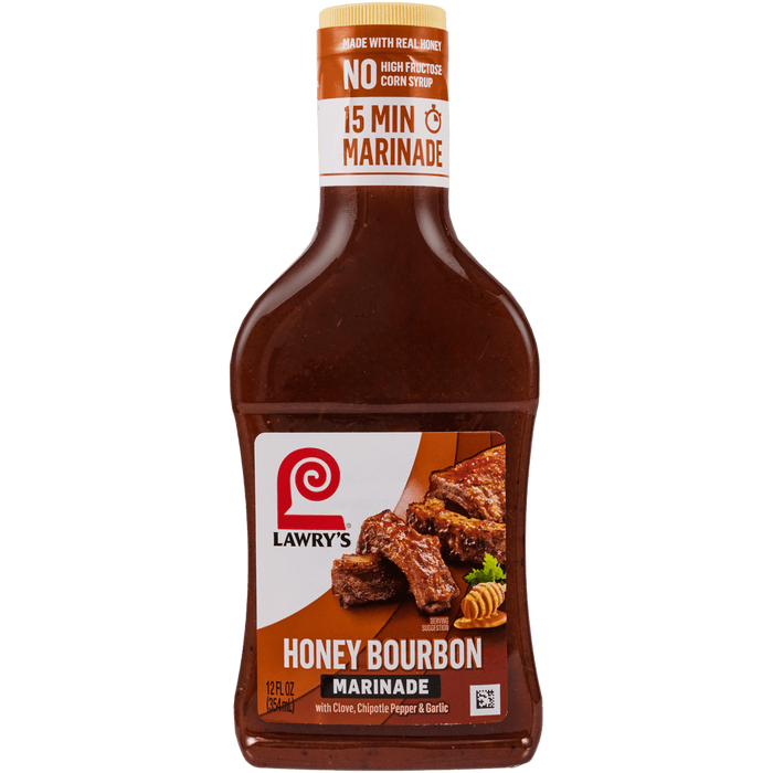 A bottle of Lawry's Honey Bourbon Marinade, made with real honey and natural flavors, and ready in 15 minutes.