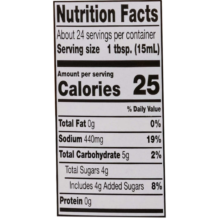 This is a nutrition facts label showing that one tablespoon contains 25 calories, 1 gram of fat, 440mg of sodium, and 5 grams of carbohydrates.