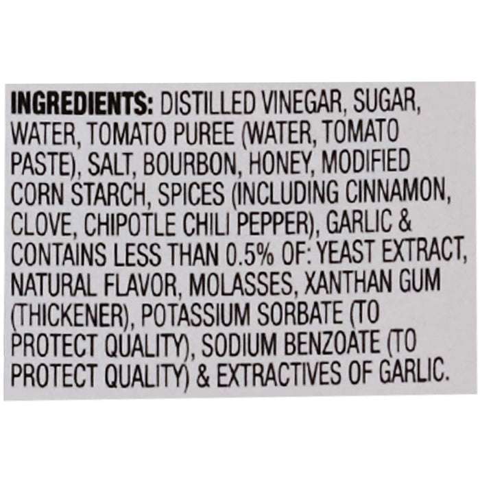 The image shows the ingredient list for a food product, including distilled vinegar, sugar, tomato puree, bourbon, and spices.