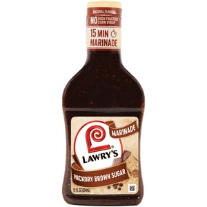 ["A bottle of Lawry's Hickory Brown Sugar Marinade, a natural flavored marinade with no high fructose corn syrup, that marinates in 15 minutes."]