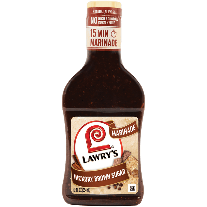 ["A bottle of Lawry's Hickory Brown Sugar Marinade, a natural flavored marinade with no high fructose corn syrup, that marinates in 15 minutes."]