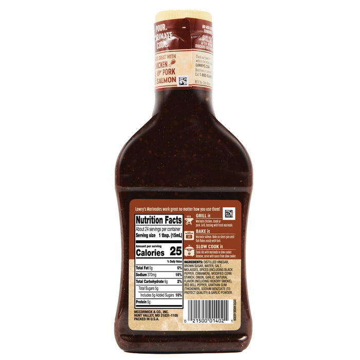 ["A bottle of Lawry's Hickory Brown Sugar Marinade with nutrition facts and ingredients listed on the label."]