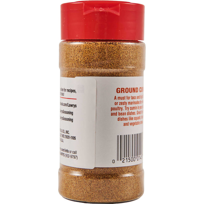 ['A red and white Lawrys Ground Cumin spice bottle with a barcode.']