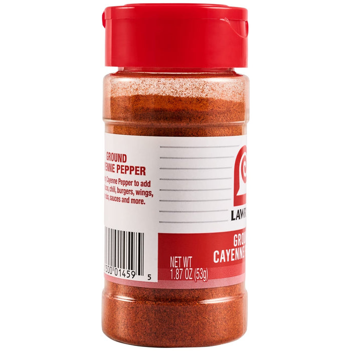 A clear plastic spice jar with a red cap, containing Lawrys Cayenne Pepper Seasoning Ground 1.87 Oz, is shown with its label detailing usage suggestions.