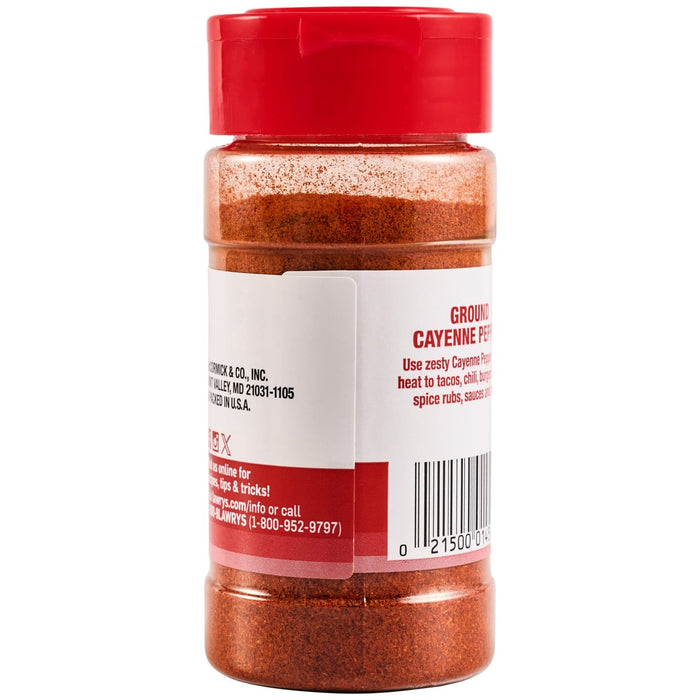 A clear plastic bottle of Lawrys Cayenne Pepper Seasoning Ground 1.87 Oz, filled with reddish-orange ground spice, featuring a red flip-top lid and a white label with text and a barcode.