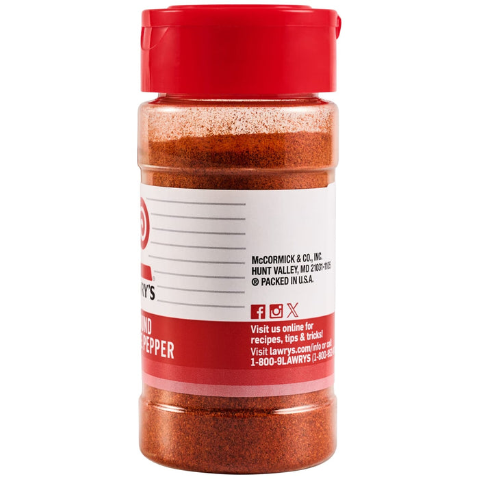 A clear plastic bottle of Lawrys Cayenne Pepper Seasoning Ground 1.87 Oz, a McCormick brand, is shown with its red cap and label displaying social media handles and company information.