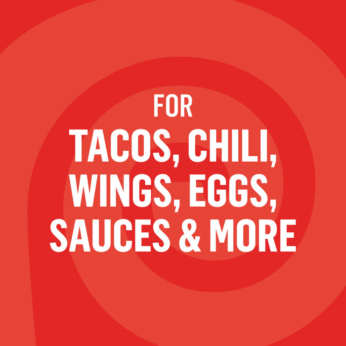 A graphic illustration on a red background lists serving suggestions like tacos, chili, wings, eggs, sauces, and more for Lawrys Cayenne Pepper Seasoning Ground 1.87 Oz.