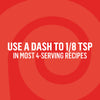 A graphic illustration with a red swirl background provides a usage tip for Lawrys Cayenne Pepper Seasoning Ground 1.87 Oz, suggesting to use a dash to 1/8 tsp in most 4-serving recipes.