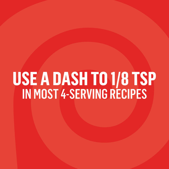 A graphic illustration with a red swirl background provides a usage tip for Lawrys Cayenne Pepper Seasoning Ground 1.87 Oz, suggesting to use a dash to 1/8 tsp in most 4-serving recipes.