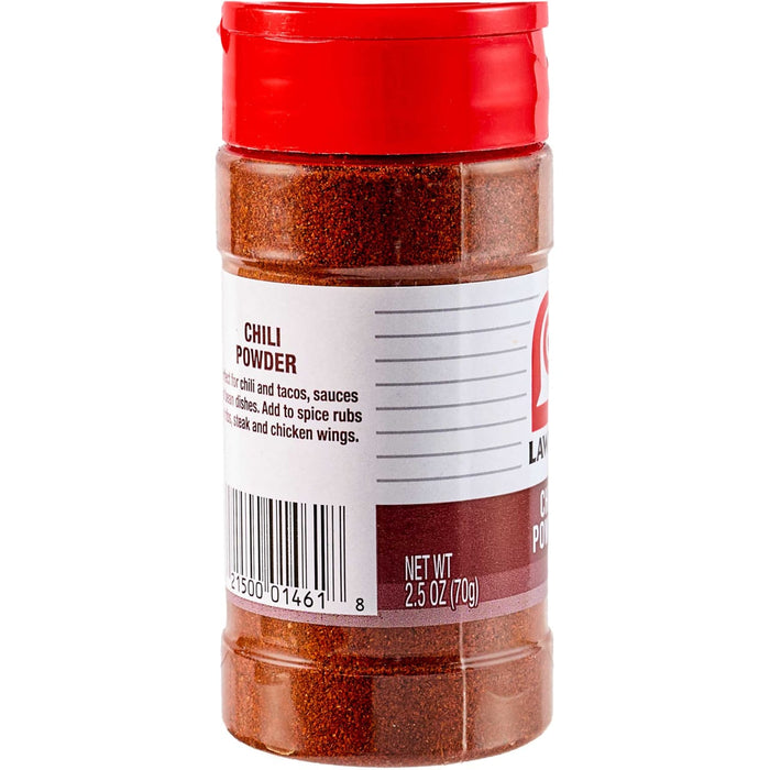 A red plastic jar of Lawry's Chili Powder.