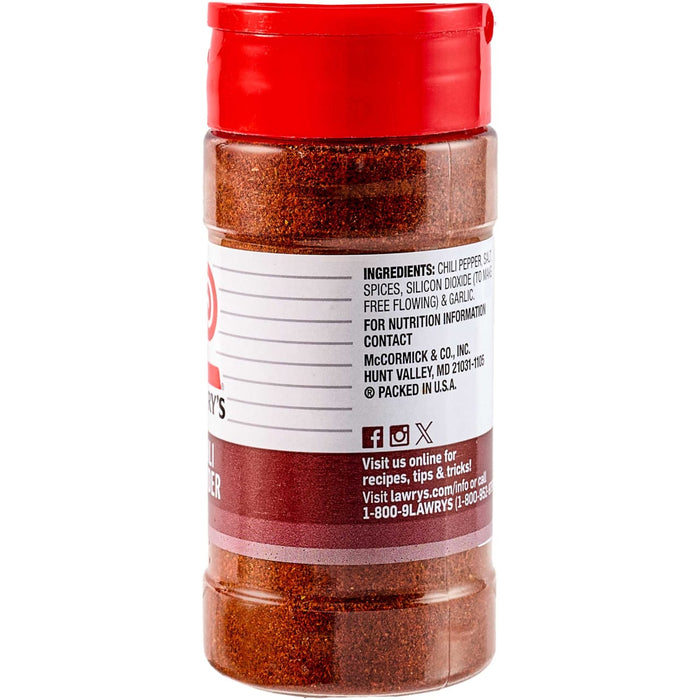 A red jar of Lawry's Chili Powder.