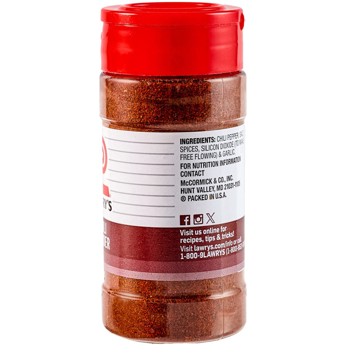 A red jar of Lawry's Chili Powder.