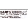 The image shows the ingredient list for a product, including chili pepper, salt, spices, silicon dioxide, and garlic.