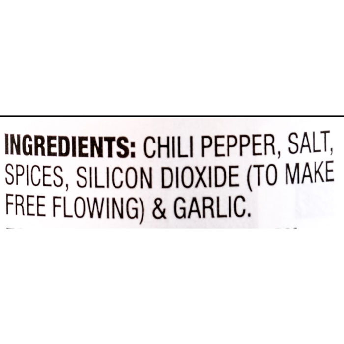 The image shows the ingredient list for a product, including chili pepper, salt, spices, silicon dioxide, and garlic.