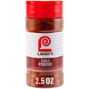 A clear plastic shaker bottle with a red cap contains Lawrys Chili Spice Powder 2.5 Oz, shown against a white background.