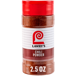 A clear plastic shaker bottle with a red cap contains Lawrys Chili Spice Powder 2.5 Oz, shown against a white background.