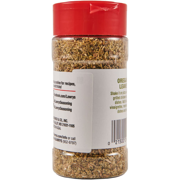 ["A bottle of Lawry's oregano leaves."]