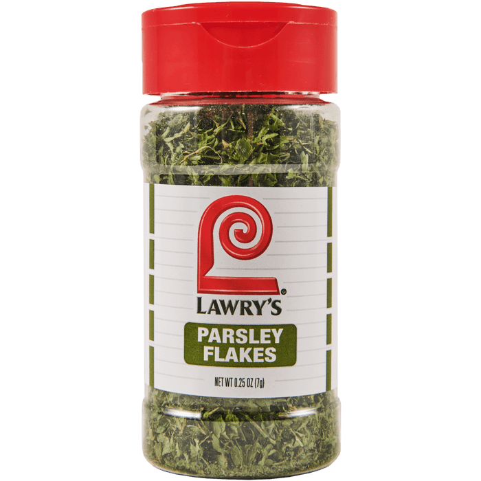 ["A bottle of Lawry's Parsley Flakes."]