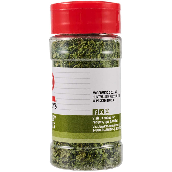 A bottle of Lawry's Seasoning with a red lid and a label with social media information.