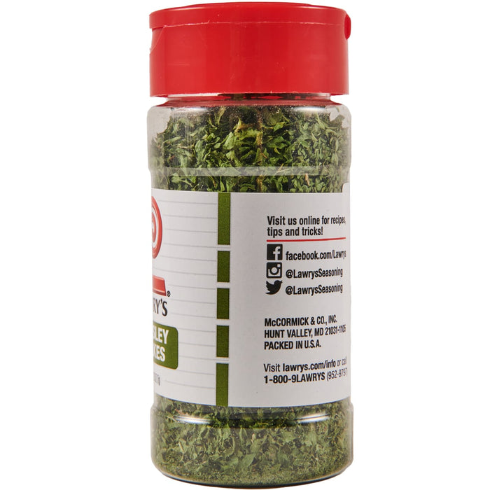 ["A bottle of Lawry's Seasoning with a red lid and a label with social media information."]