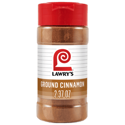 A clear plastic bottle of Lawrys Cinnamon Spice Ground 2.37 Oz featuring a red flip top lid and a white label with the iconic red L logo.