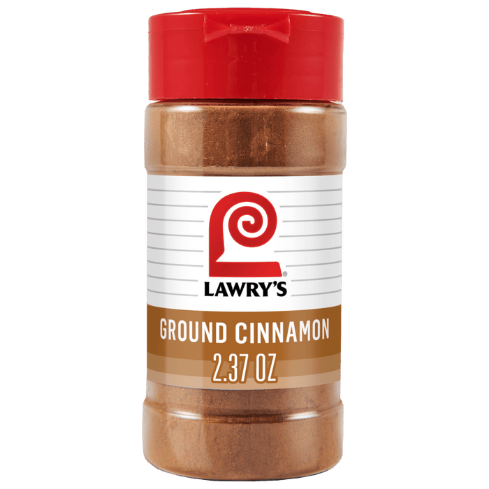A clear plastic bottle of Lawrys Cinnamon Spice Ground 2.37 Oz featuring a red flip top lid and a white label with the iconic red L logo.