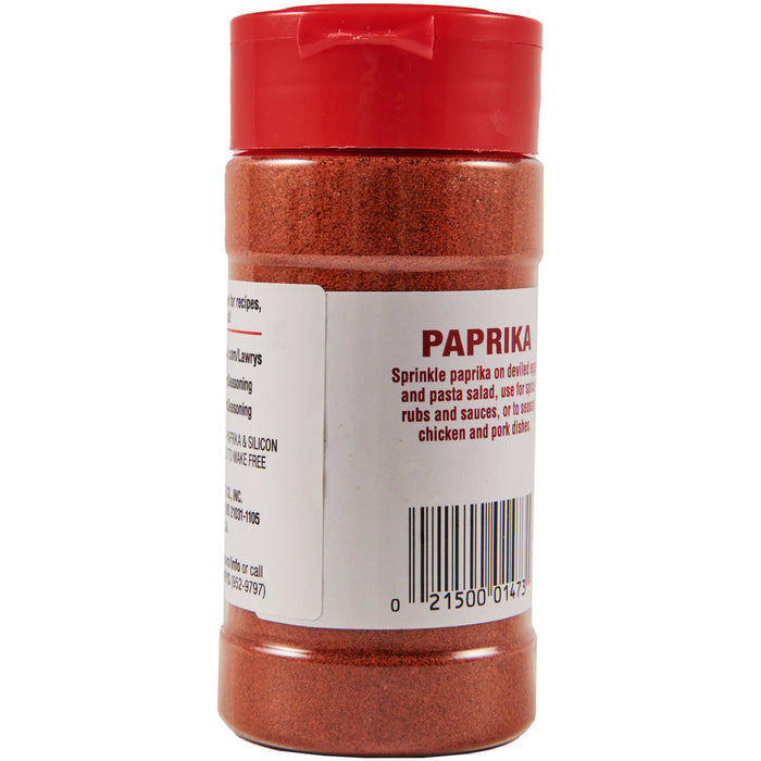 ["A red plastic jar of Lawry's Paprika seasoning."]